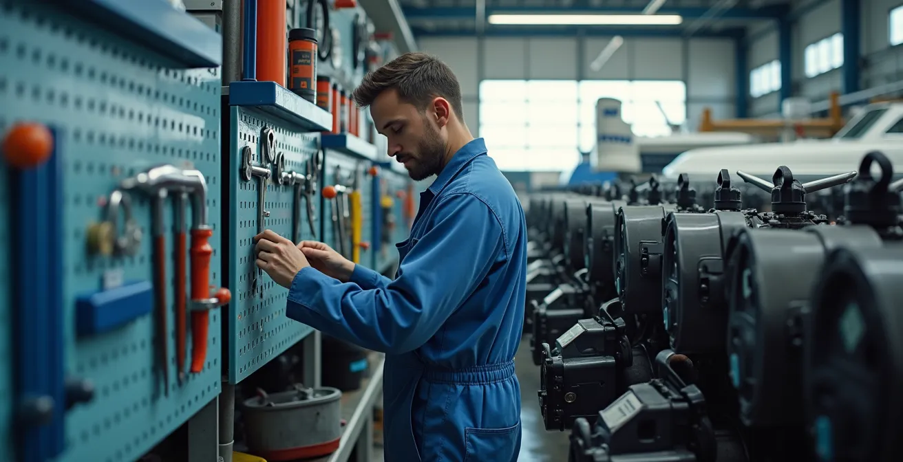 Mécanicien nautique travaillant sur un moteur de voilier dans un atelier maritime lumineux