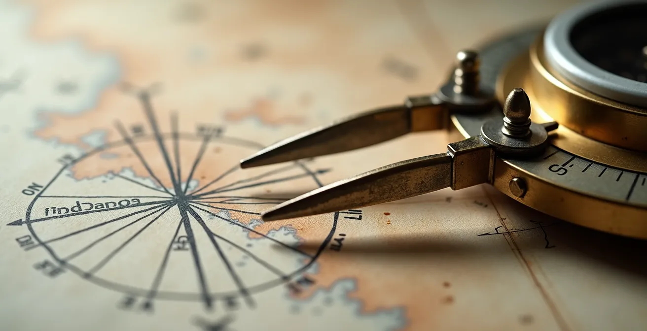 Vue macro d'une carte marine avec instruments de navigation et données météo