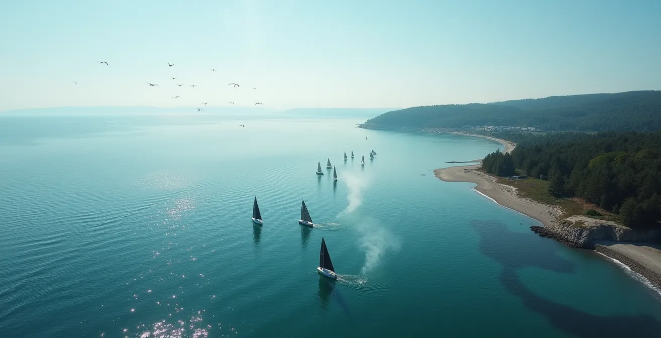 Vue aérienne d'un plan d'eau avec indices visuels du vent