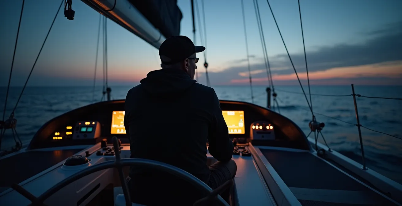 Un skipper moderne analysant des données de navigation dans un cockpit high-tech