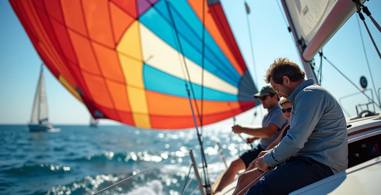 Spinnaker coloré parfaitement gonflé au portant avec tangon positionné de façon optimale