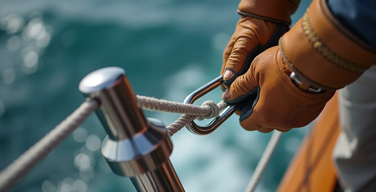 Vue macro sur les mains d'un marin manipulant deux mousquetons sur une ligne de vie, technique du clip-walk-clip