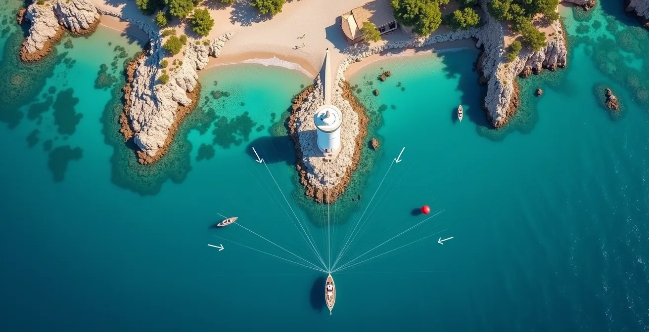 Vue aérienne montrant la triangulation avec trois amers côtiers et les lignes de relèvement