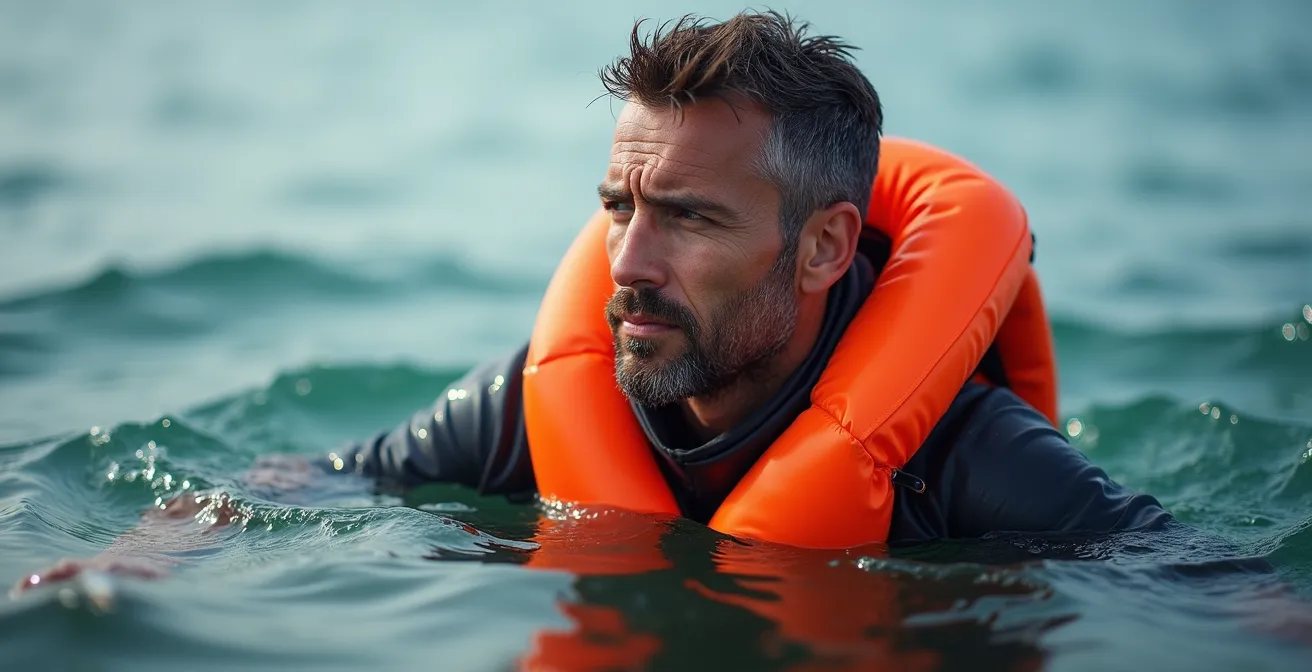 Marin testant un gilet de sauvetage autogonflant dans l'eau