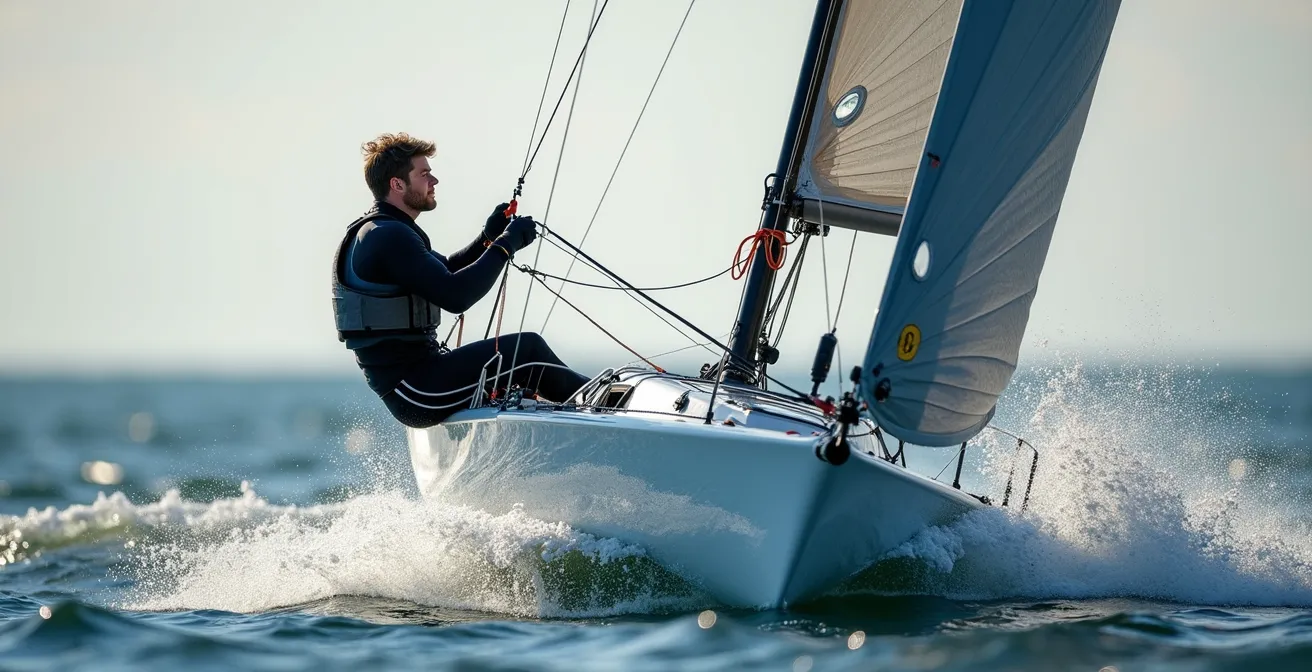 Voilier moderne en phase de planning avec la coque soulevée au-dessus de l'eau