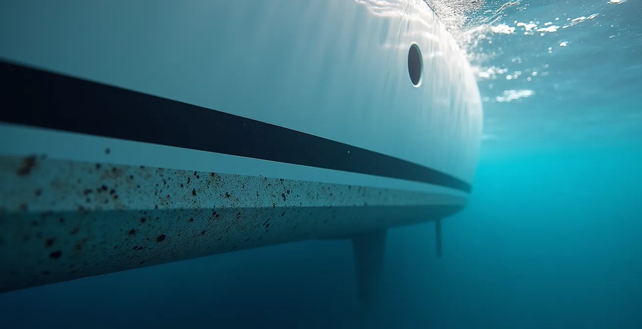 Gros plan sur une quille de voilier montrant les flux d'eau et les vibrations