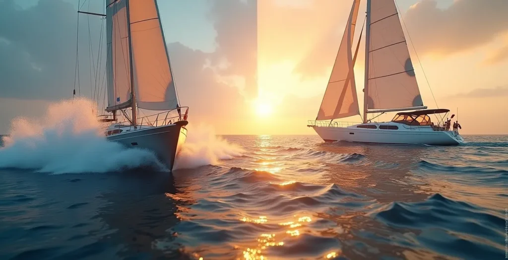 Image symbolique montrant un voilier de course rapide contrastant avec un voilier confortable à l’ancre au coucher du soleil.