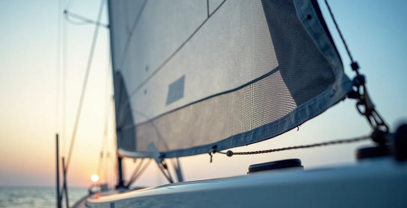 Vue macro de la partie supérieure d'une grand-voile à corne montrant les lattes forcées