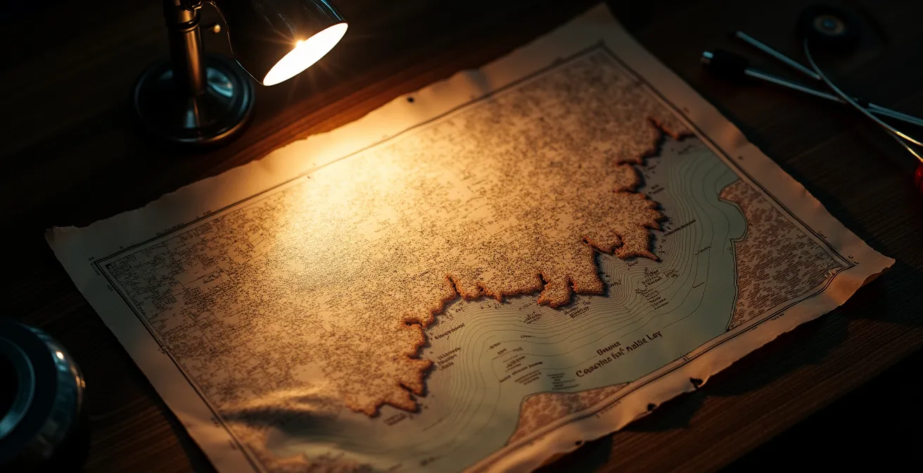 Carte marine papier traditionnelle éclairée par une lumière de table à cartes montrant des zones d'incertitude