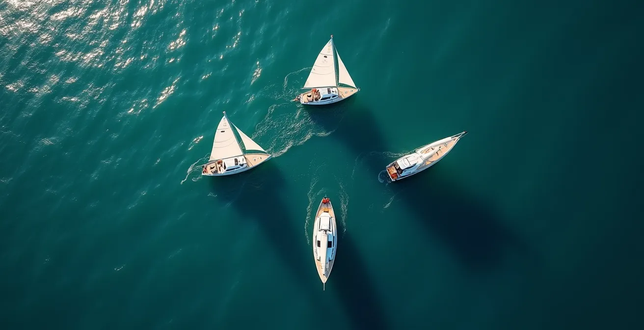 Vue aérienne de voiliers en position tactique de contrôle de zone sur un plan d'eau